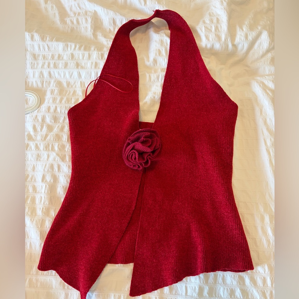 With Jean Red Halter Top with Floral Detail